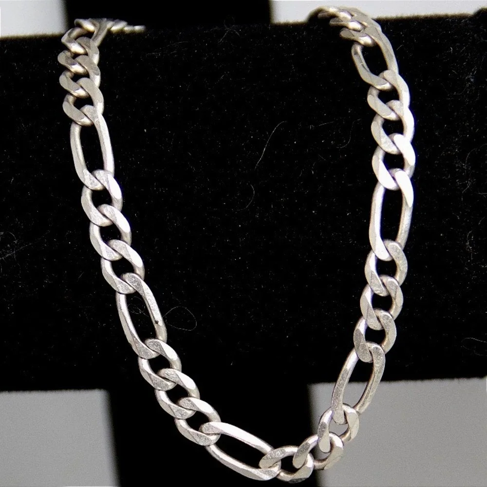 Vintage Sterling Silver 925 Figaro Link Chain Bracelet 8 Inch 4.6mm Mens Jewelry